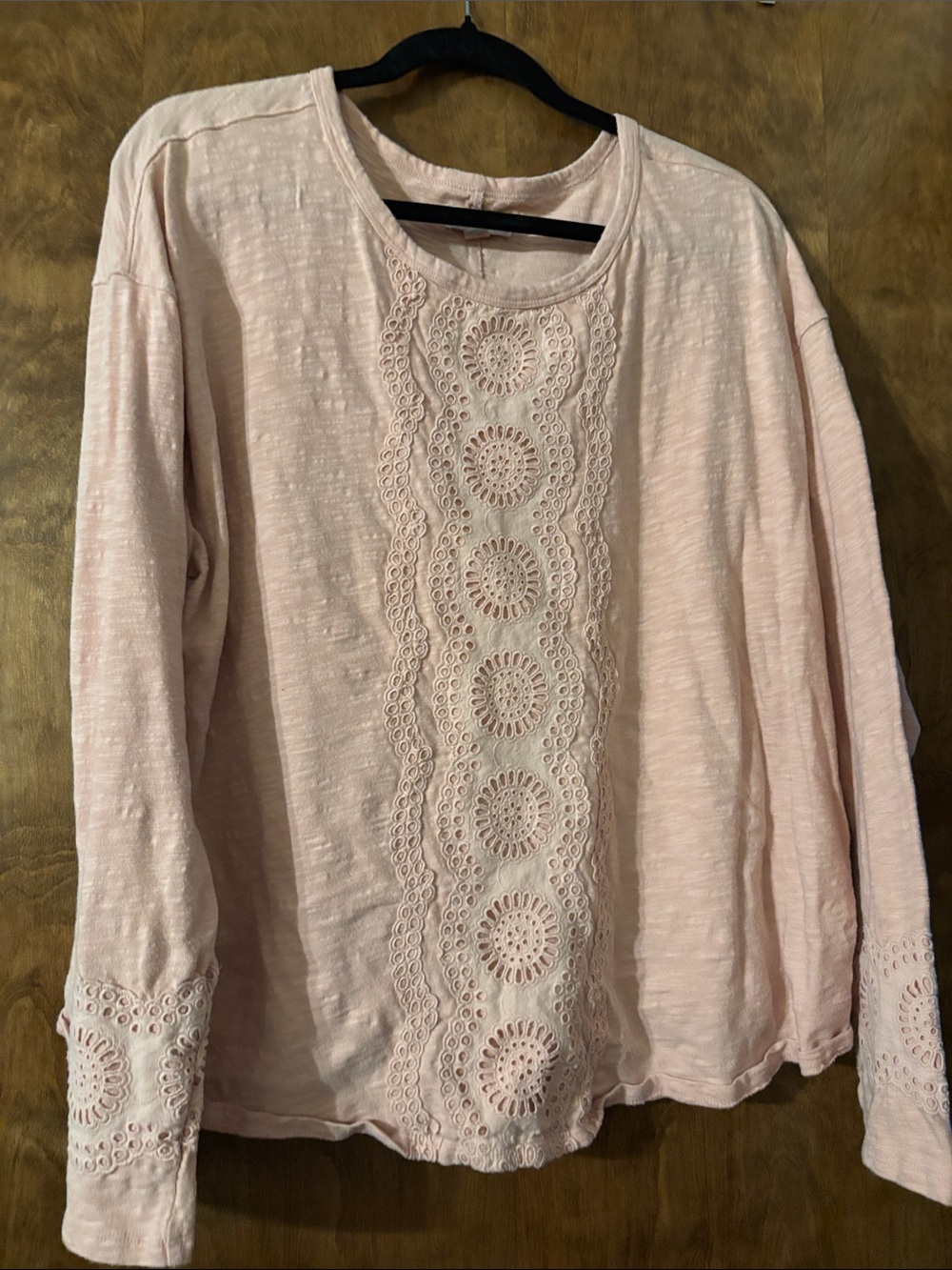 Knox Rose Blush Pink Crochet Front Long Sleeve Top